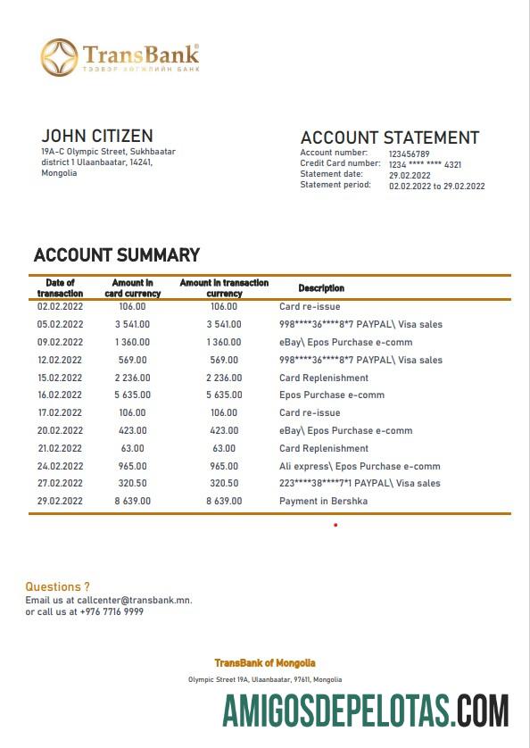 Modelo de extrato bancário Transbank da Mongólia em branco em formato Word e PDF
